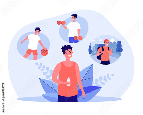 Sportsman holding bottle of water and thinking about sports. Man dreaming of playing volleyball, lifting dumbbells, going camping flat vector illustration. Fitness, healthy lifestyle concept