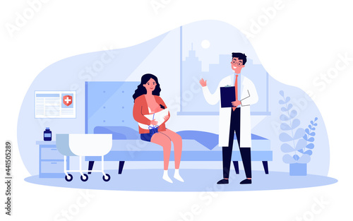 Woman sitting in ward and breastfeeding her newborn child. Flat vector illustration. Doctor talking with new mother, holding baby to her breast. Motherhood, birth, breastfeeding, medical care concept