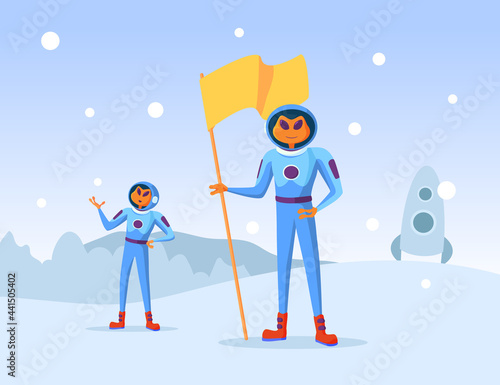 Cartoon aliens characters getting out on North. Frog newcomer standing with flag vector illustration. Snow in background. UFO, travelling, winter concept