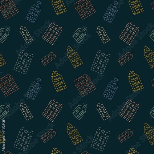 Seamless pattern with european vintage holland houses in retro style. Outline old historical buildings. Vector flat illustration