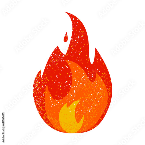 The flame of fire is red with yellow in dots and halftones. The illustration is isolated on a white background. For printing on T-shirts, decorative pillows, website design. Vector graphics.