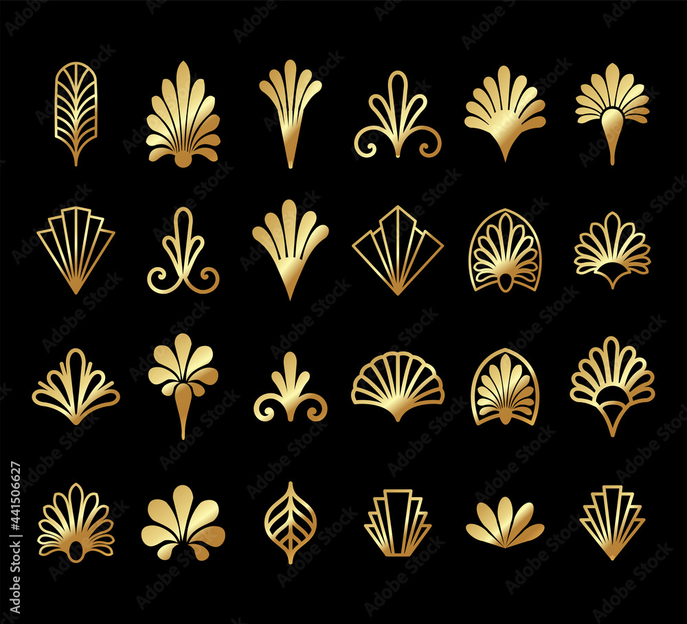 Beautiful set of Art Deco, Gatsby palmette ornates from 1920s fashion and design trends vector - obrazy, fototapety, plakaty 