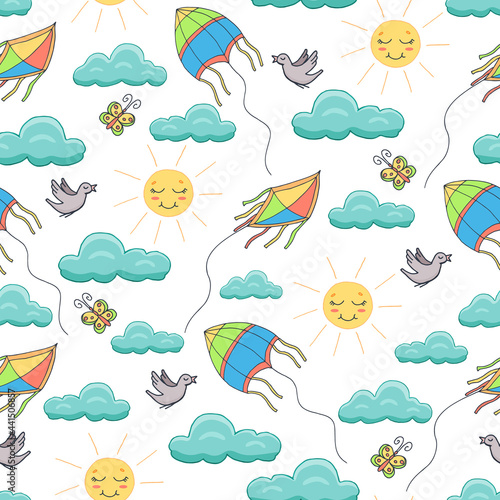 Children's illustration: kites in the sky, the sun, clouds and birds. Active family vacation. Seamless pattern. Vector image on a white background © Mariia Vaider