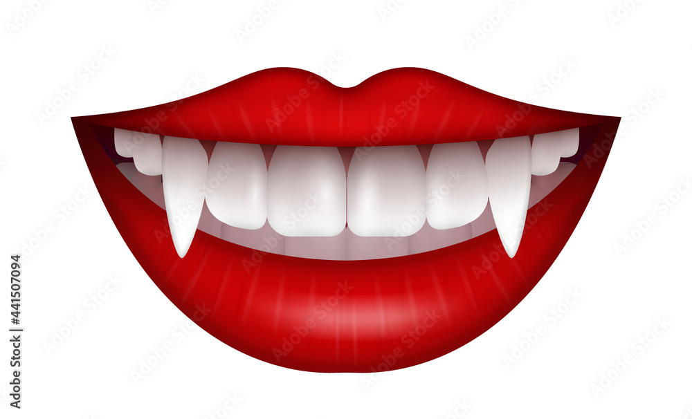 Naklejka premium Vector Illustration with vampire mouth open red sexy lips and long teeth isolated on a white background.