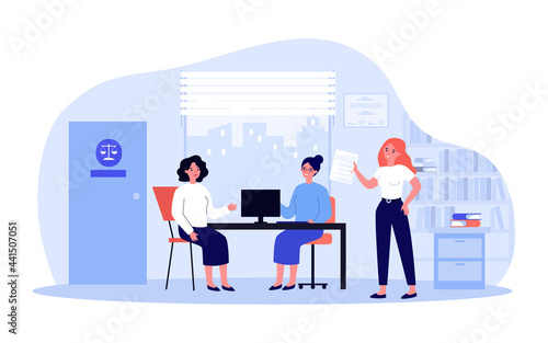 Sad woman in consultation with lawyer flat vector illustration. Female person sitting in office and talking about her problems to jurisconsults. Juridical help concept