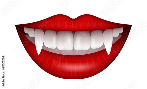 Vector Illustration with vampire mouth open red sexy lips and long teeth isolated on a white background.
