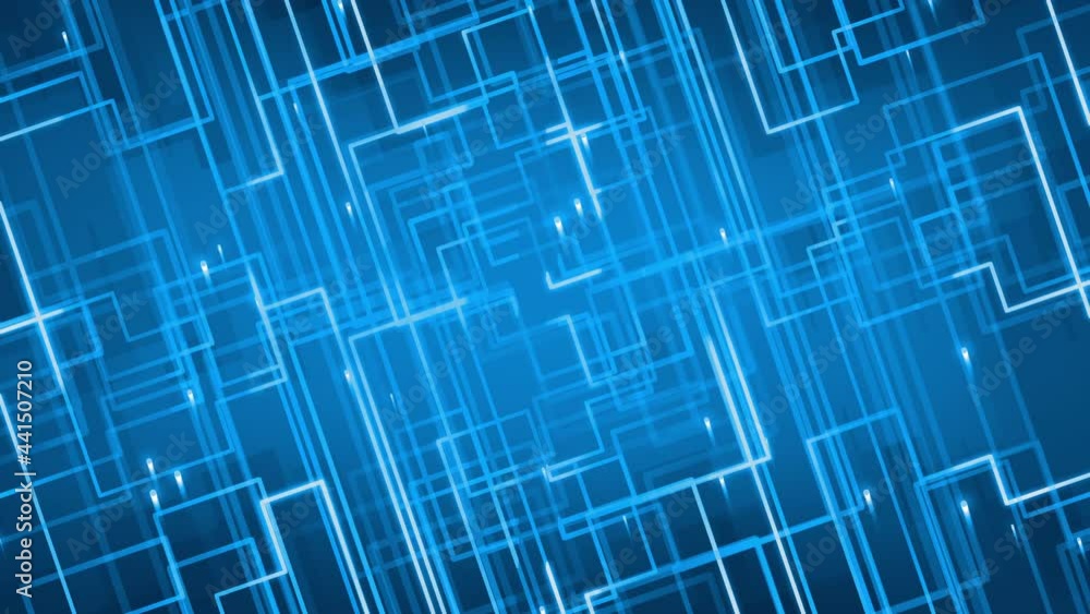 Random particle and signal animation over a complex blue grid structure