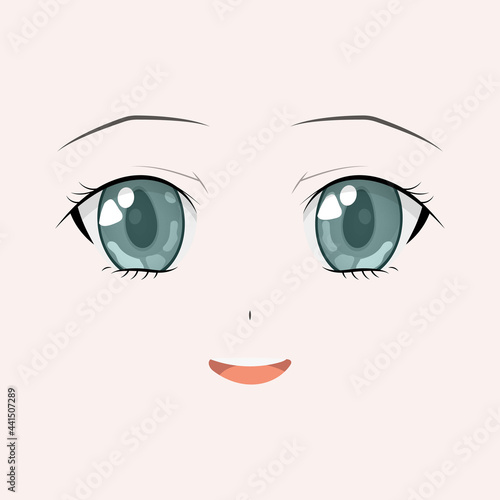Happy anime face. Manga style big green eyes, little nose and kawaii mouth. Hand drawn vector illustration. Isolated on white.
