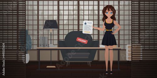 Girl shows on a vacant place. Cup in the shape of an office chair. The concept of open work. Vector illustration