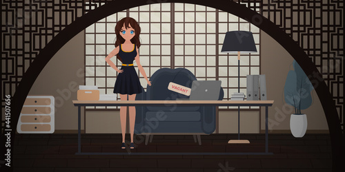 Girl shows on a vacant place. Cup in the shape of an office chair. The concept of open work. Vector illustration