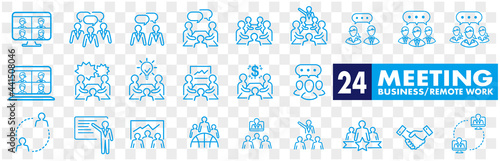 Meeting line icon set. Included icons as meeting room, team, teamwork, presentation, idea, brainstorm and more.