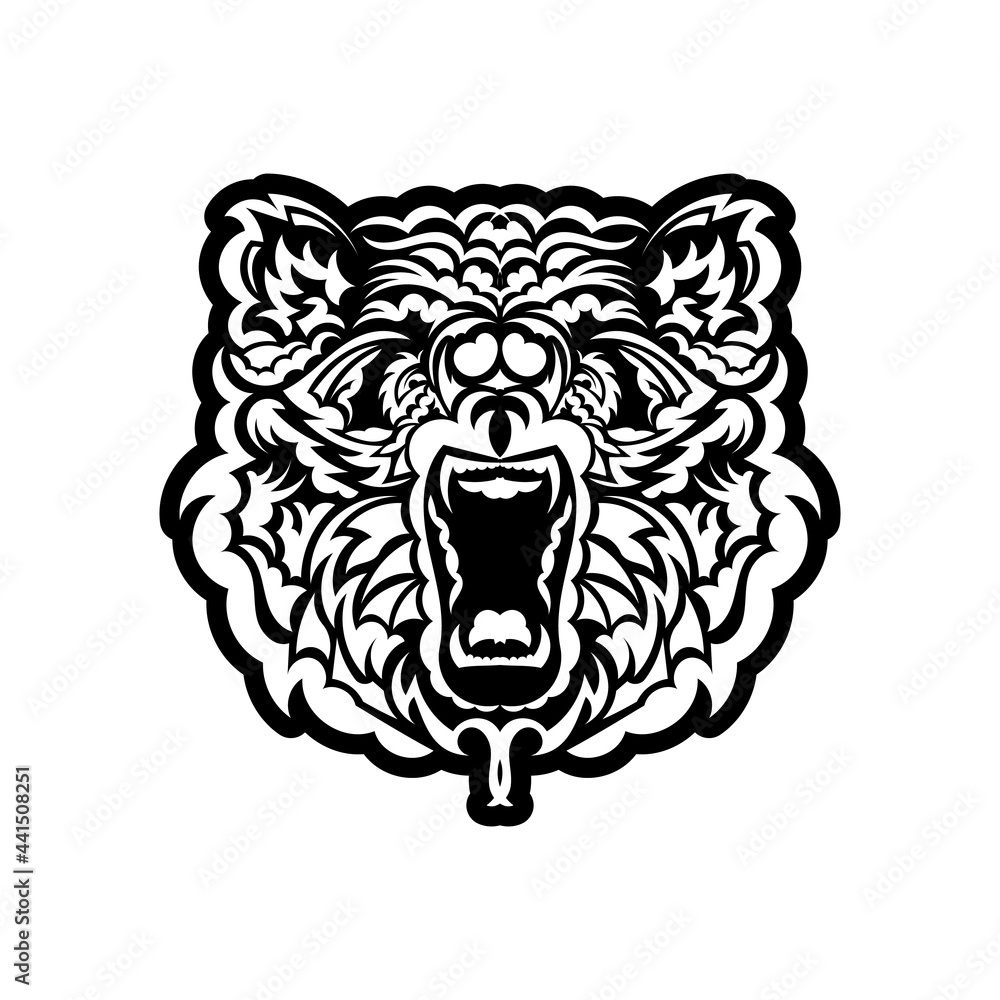Bear head coloring book illustration. Antistress coloring for adults. black and white lines. Print for t-shirts and coloring books.
