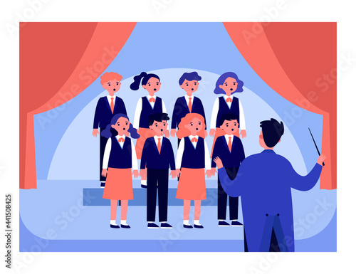 Leinwand Poster Childrens choir with conductor on stage flat vector illustration