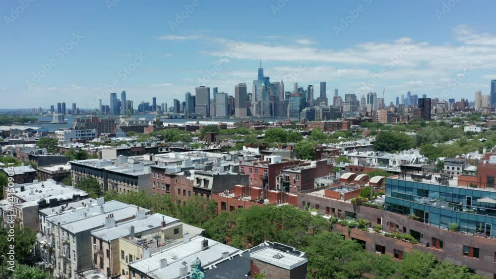 view of downtown NYC flying backward past historic tower in Carroll Gardens Bkln view of downtown NYC flying backward past historic tower in Carroll Gardens Bkln