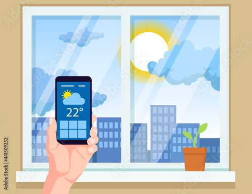 Hand holding mobile phone with weather app vector illustration. Checking weather forecast before leaving home. Window, city, sun in background. Technology, high temperature, meteorology concept