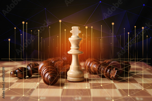 Obraz na płótnie King with chess pieces on checkerboard against dark background