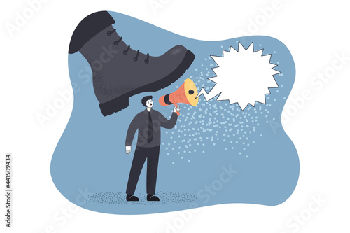 Giant army boot threatening to crush man with megaphone. Male character under soldier shoe flat vector illustration. Freedom of speech, censorship concept for banner, website design or landing page