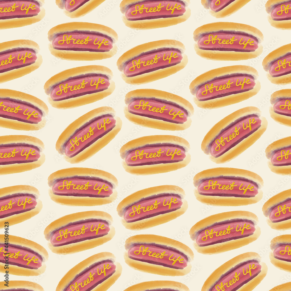 Seamless pattern with hot dogs Delicious fast food with mustard Seamless pattern with hot dogs Delicious fast food with mustard