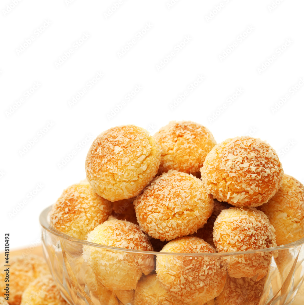 small round breads with sesame on white background