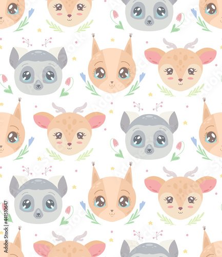 Cute childish pattern with heads of animal and flowers on a white background. Vector texture with lemur, squirrel and deer with stars and floral pattern. Cartoon animalistic wallpaper for the nursery.