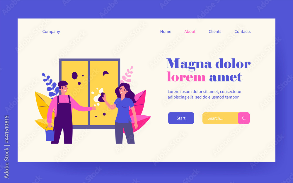 Woman washing window. Cleaning service worker in overall and bucket flat vector illustration. Hygiene, housework, household concept for banner, website design or landing web page