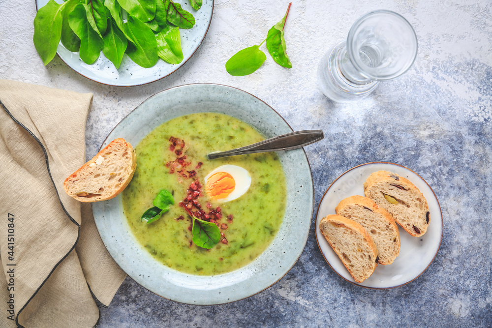 Creamy sorrel soup with egg and bacon bits Creamy sorrel soup with egg and bacon bits