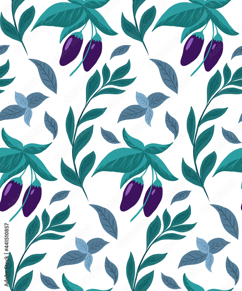 Seamless pattern with eggplants on the bushes and basil twigs on a white background. Vector natural flat texture. Gardening and horticulture. Wallpaper and fabric with herbs and vegetables. Seamless pattern with eggplants on the bushes and basil twigs on a white background. Vector natural flat texture. Gardening and horticulture. Wallpaper and fabric with herbs and vegetables.