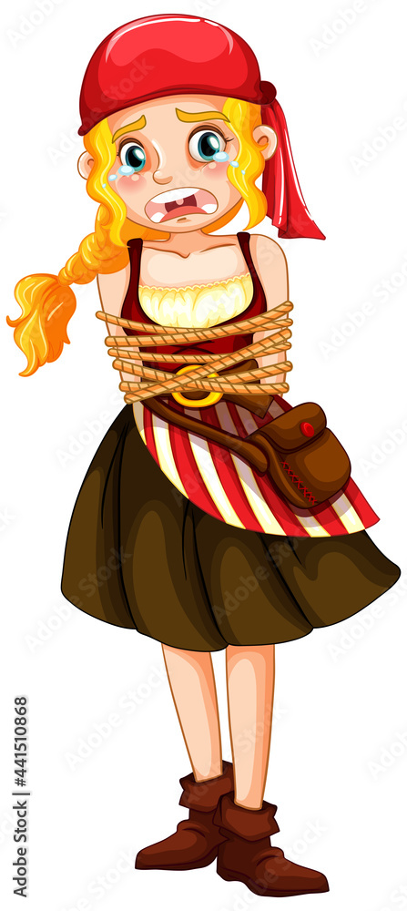 A pirate woman got rope around her body cartoon character isolated