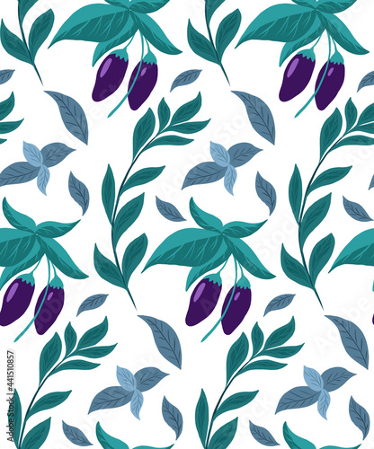 Seamless pattern with eggplants on the bushes and basil twigs on a white background. Vector natural flat texture. Gardening and horticulture. Wallpaper and fabric with herbs and vegetables.