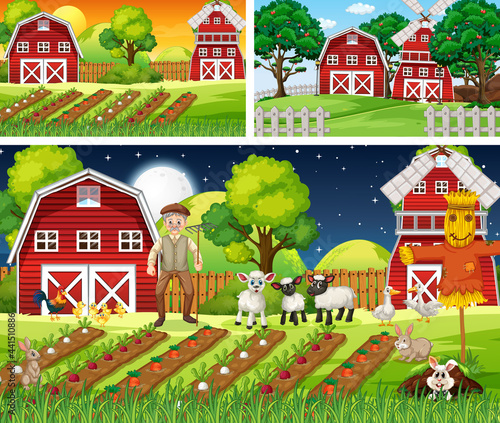Different farm scenes with farm animals cartoon character