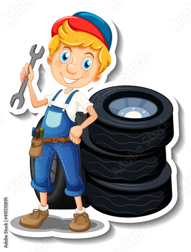 Sticker design with auto mechanic cartoon character