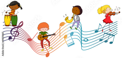 Musical melody symbols with many doodle kids cartoon character
