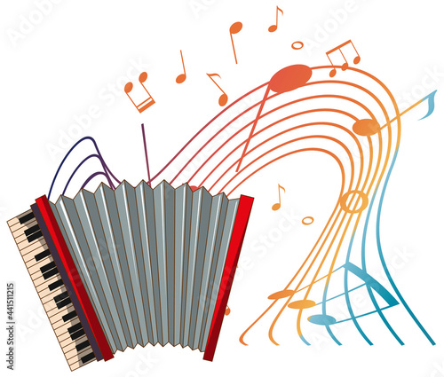 Accordion musical instrument with melody symbols isolated