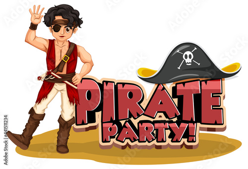 Pirate Party font banner with a pirate man cartoon character