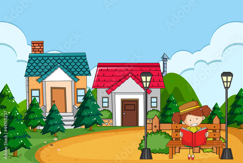 Front house scene with a girl reading book sitting on bench
