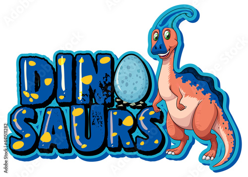 Cute parasaurolophus dinosaurs cartoon character with font design for word Dinosaurs