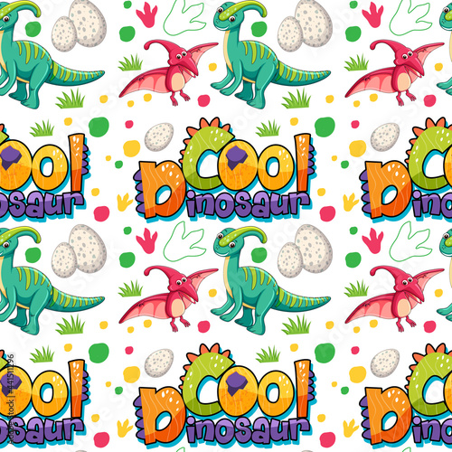 Seamless pattern with cute dinosaurs and font on white background
