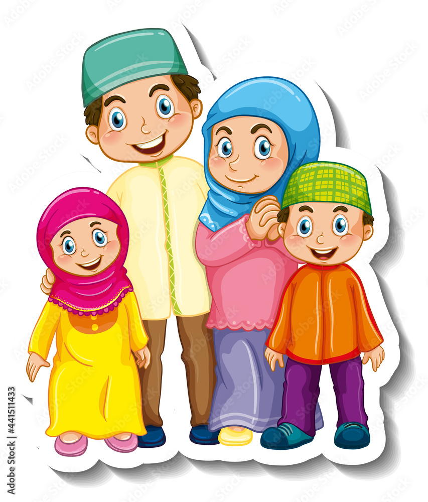 Sticker template with Muslim family cartoon character Sticker template with Muslim family cartoon character