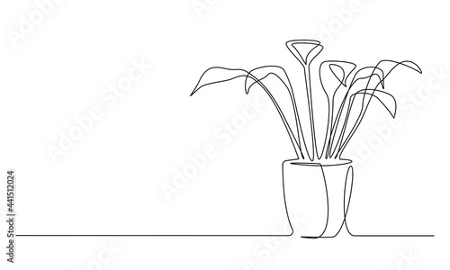 One continuous Line drawing of House deciduous plant in pot. Beautiful home flower in simple linear style. Editable stroke Vector illustration
