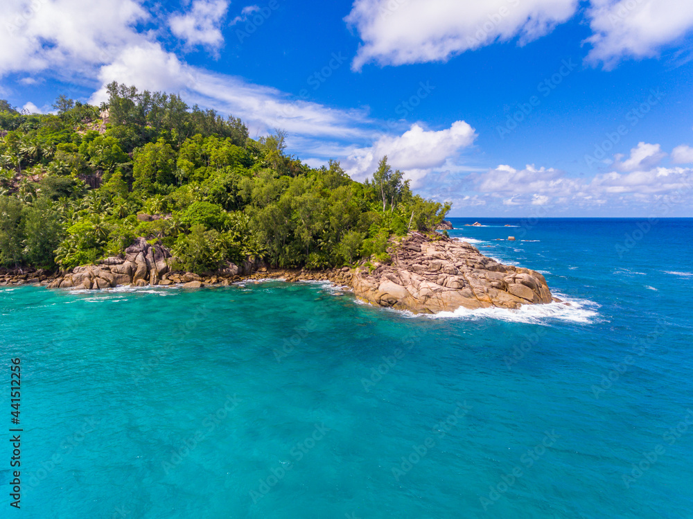 An aerial view on a cliff on Anse Intendance beach on Mahe island in Seychelles