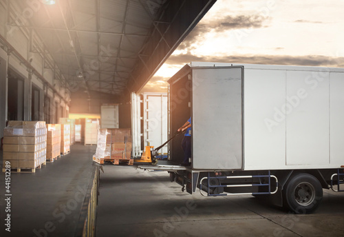 Worker Loading Package Boxes on Pallets into Cargo Container. Trucks Parked Loading at Dock Warehouse. Delivery Service. Shipping Warehouse Logistics. Road Freight Truck Transportation.	 photo