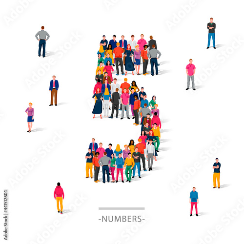 A large group of people is standing in colored clothes in the shape of the number 5. The concept of human numbers.