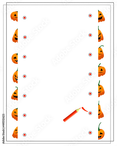 a logical game for children find the right halves of a pumpkin, Halloween, autumn. vector isolated on a white background