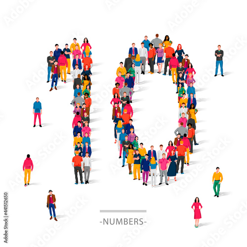 A large group of people is standing in colored clothes in the shape of the number 10. The concept of human numbers.