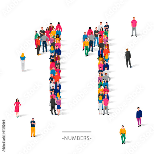 A large group of people is standing in colored clothes in the shape of the number 11. The concept of human numbers.