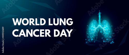 World Lung Cancer Day concept. Banner template with glowing low poly lungs. Futuristic modern abstract. Isolated on dark background. Vector illustration.