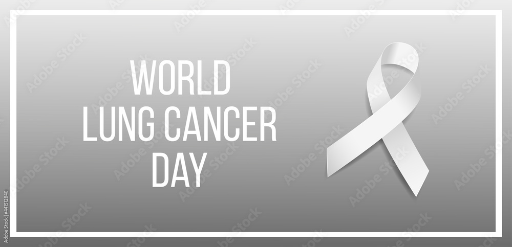World Lung Cancer Day concept. Banner template with white ribbon awareness and text on grey background. Vector illustration. World Lung Cancer Day concept. Banner template with white ribbon awareness and text on grey background. Vector illustration.