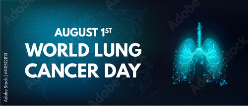 World Lung Cancer Day concept. Banner template with glowing low poly lungs. Futuristic modern abstract. Isolated on dark background. Vector illustration.