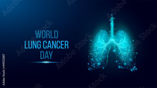 World Lung Cancer Day concept. Banner template with glowing low poly lungs. Futuristic modern abstract. Isolated on dark background. Vector illustration.
