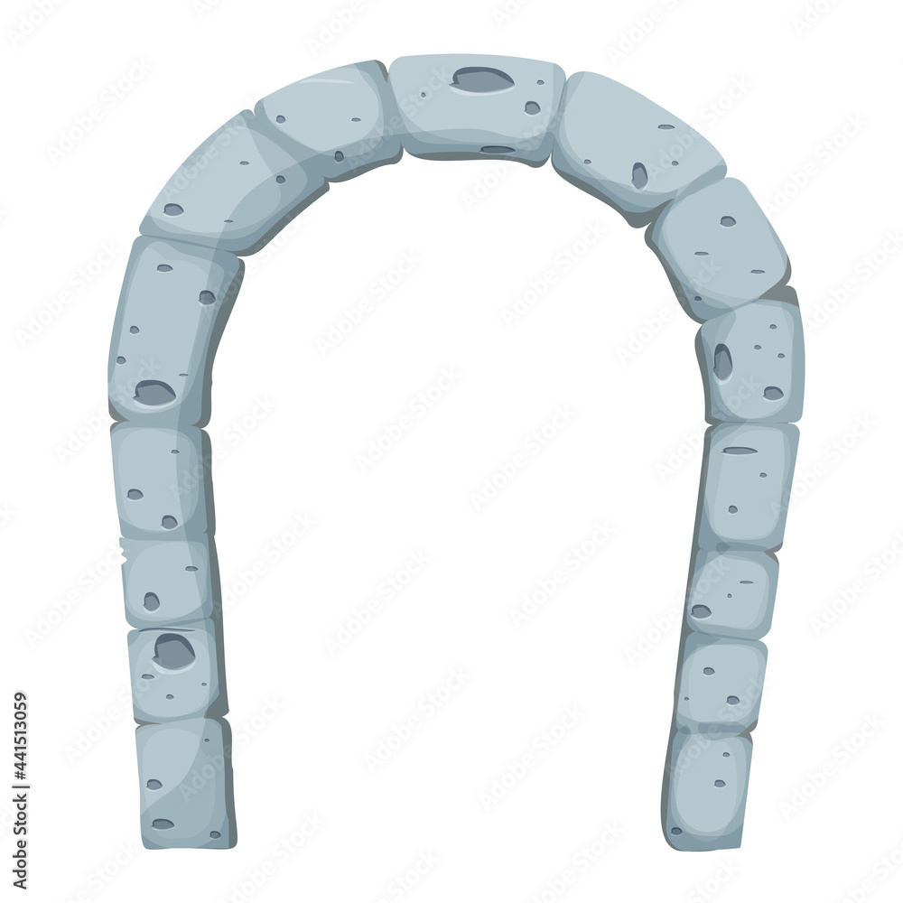 Stone castle arch door, window, comic in cartoon style isolated on white background. Decoration with bricks, medieval empty frame. Ui asset. Vector illustration Stone castle arch door, window, comic in cartoon style isolated on white background. Decoration with bricks, medieval empty frame. Ui asset. Vector illustration